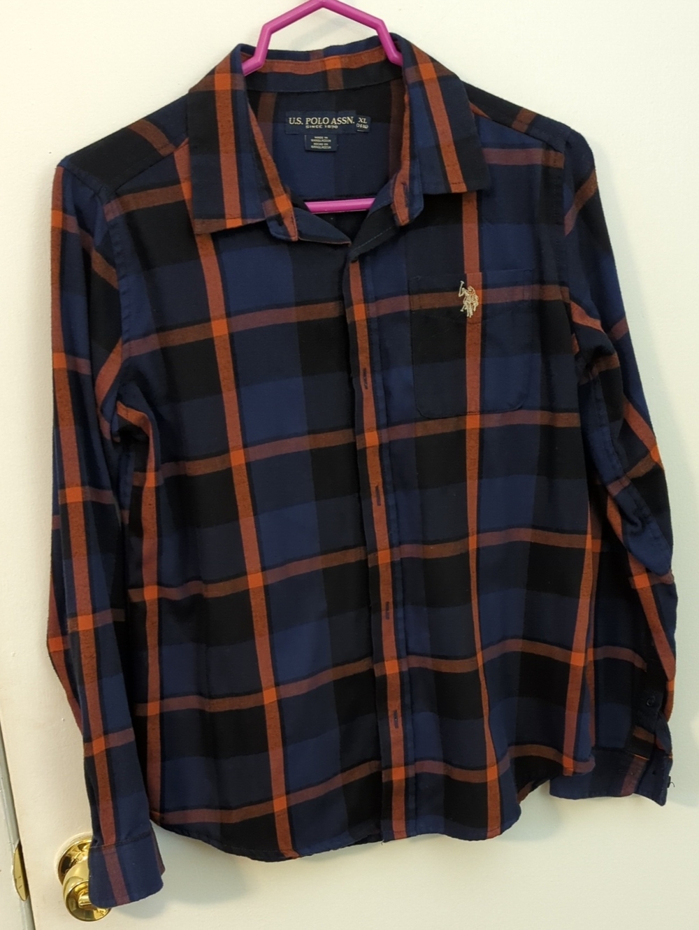U.S. Polo Assn. Boy's Navy and Orange Plaid Button-Down Shirt